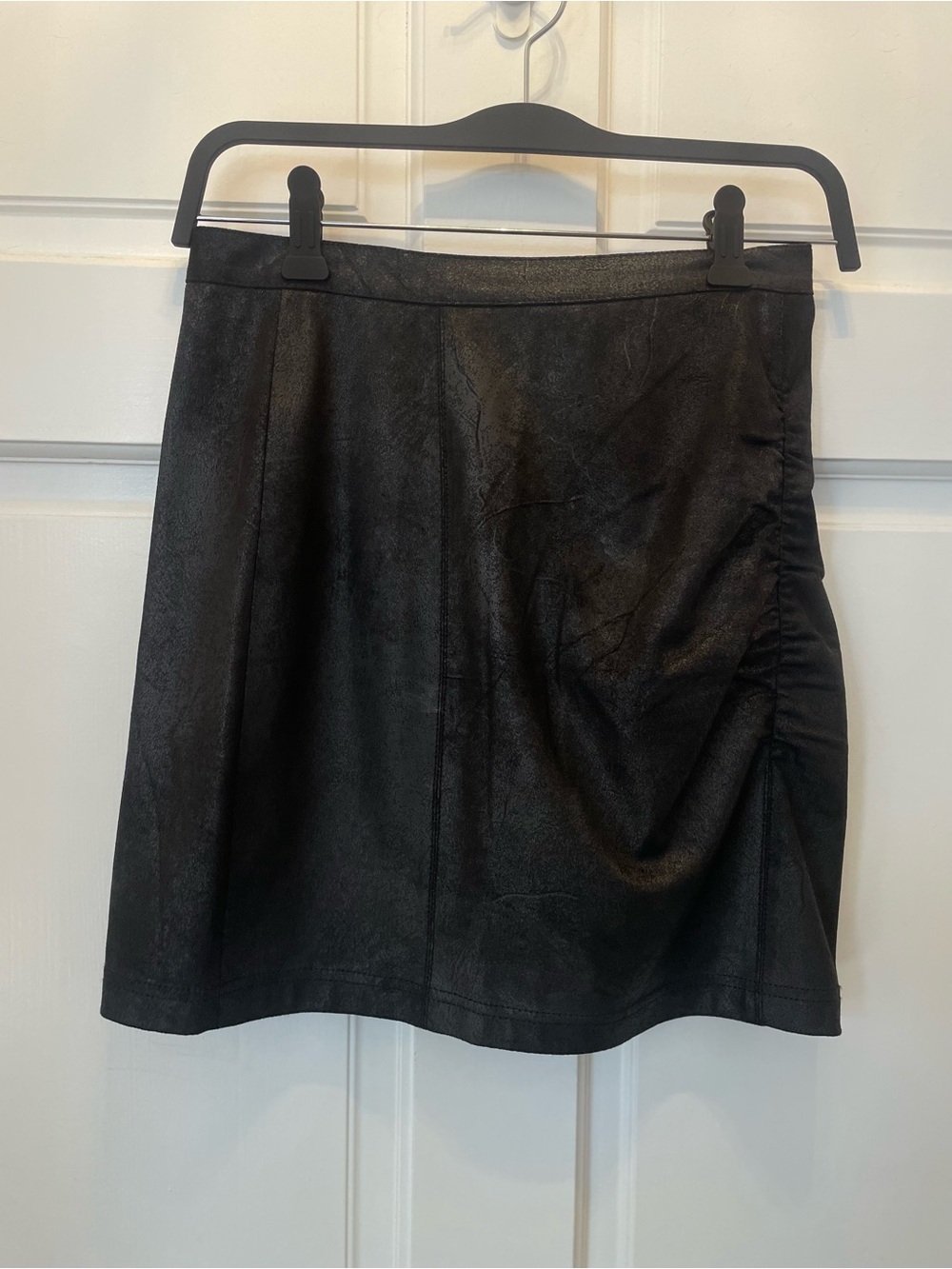 Free People Anthropologie Rumi Ruched Skirt Black Faux Leather Hi-Waist Stretch